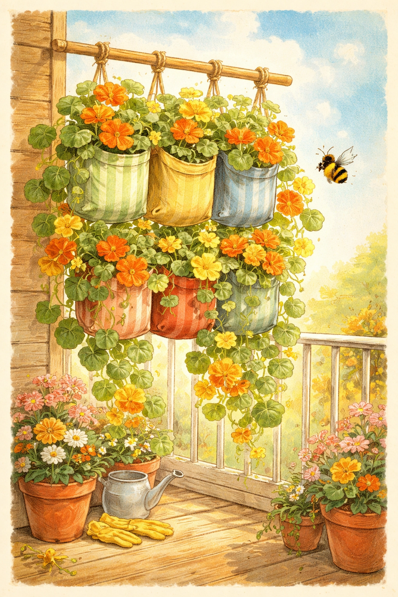 Illustration of a sunny vertical garden with hanging pockets and bright nasturtiums, ideal for small spaces.