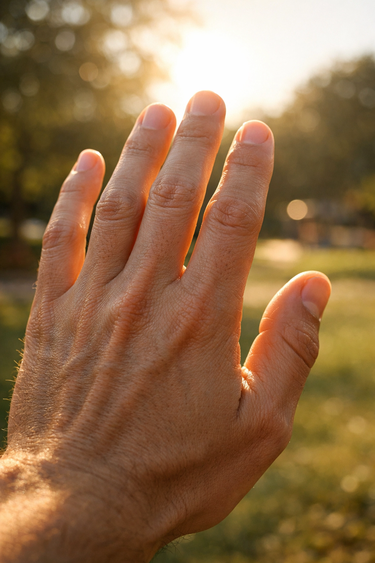 A hand held up to the sun to demonstrate shadows for beginners mastering natural light photography.