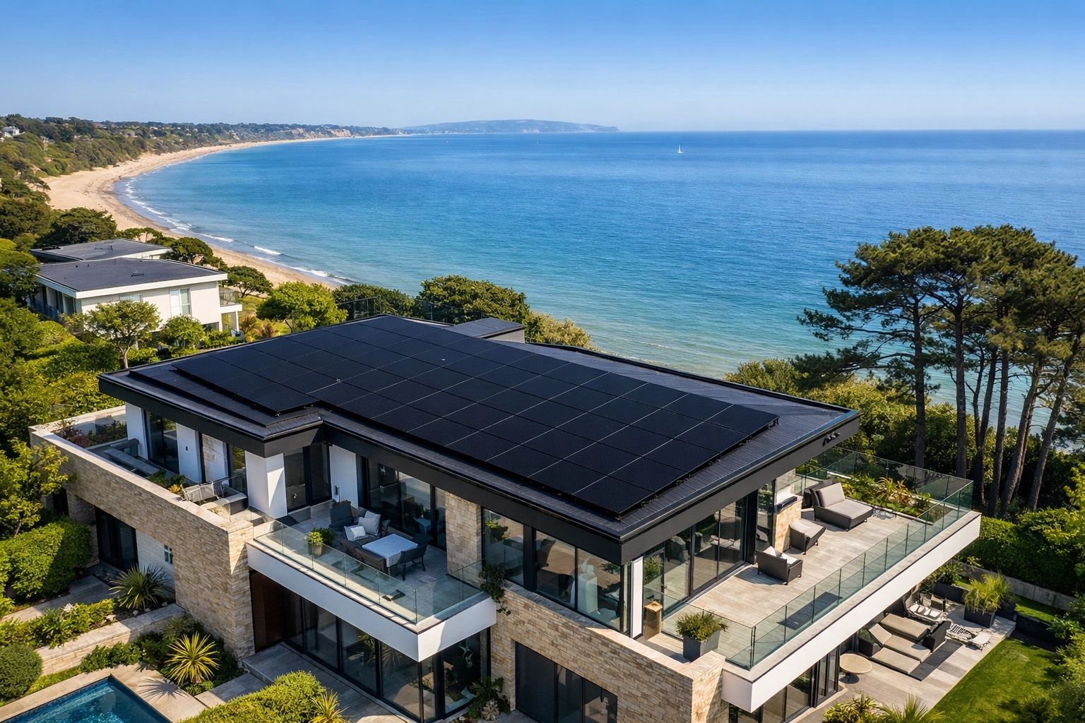 Modern solar panels installed on a contemporary coastal home roof in Bournemouth for energy efficiency.