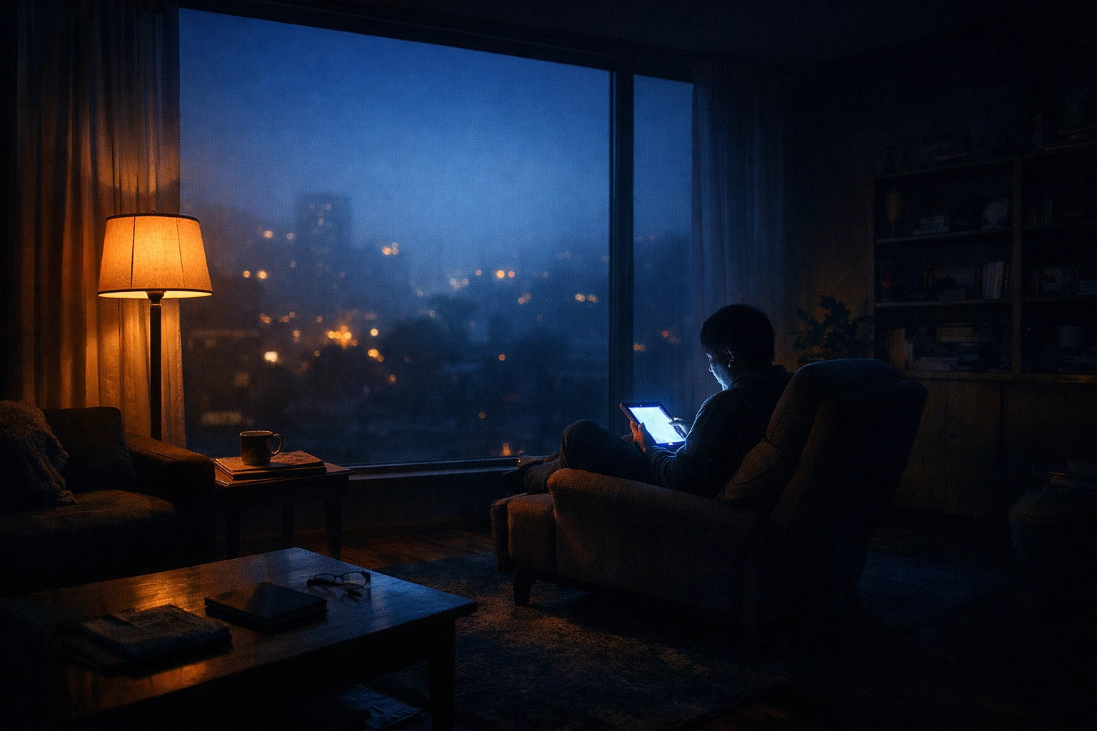 A person reading global news on a tablet in a dark living room at 5 AM, seeking biblical perspective.