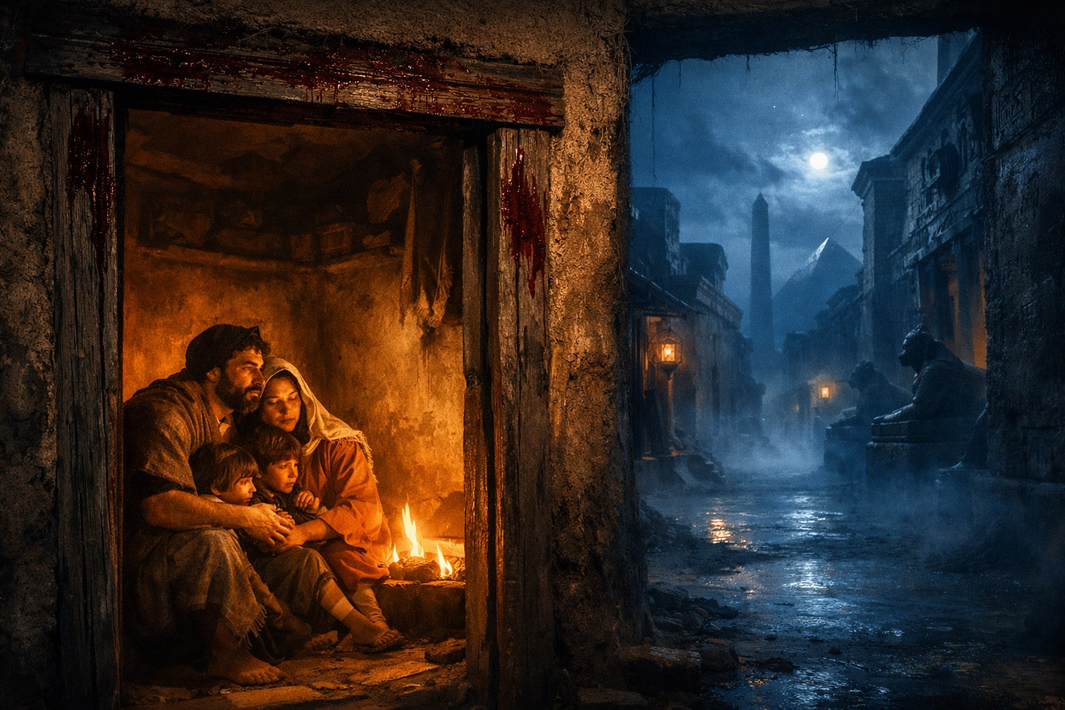 Hebrew family inside home with blood-marked doorframe during Passover night in Egypt