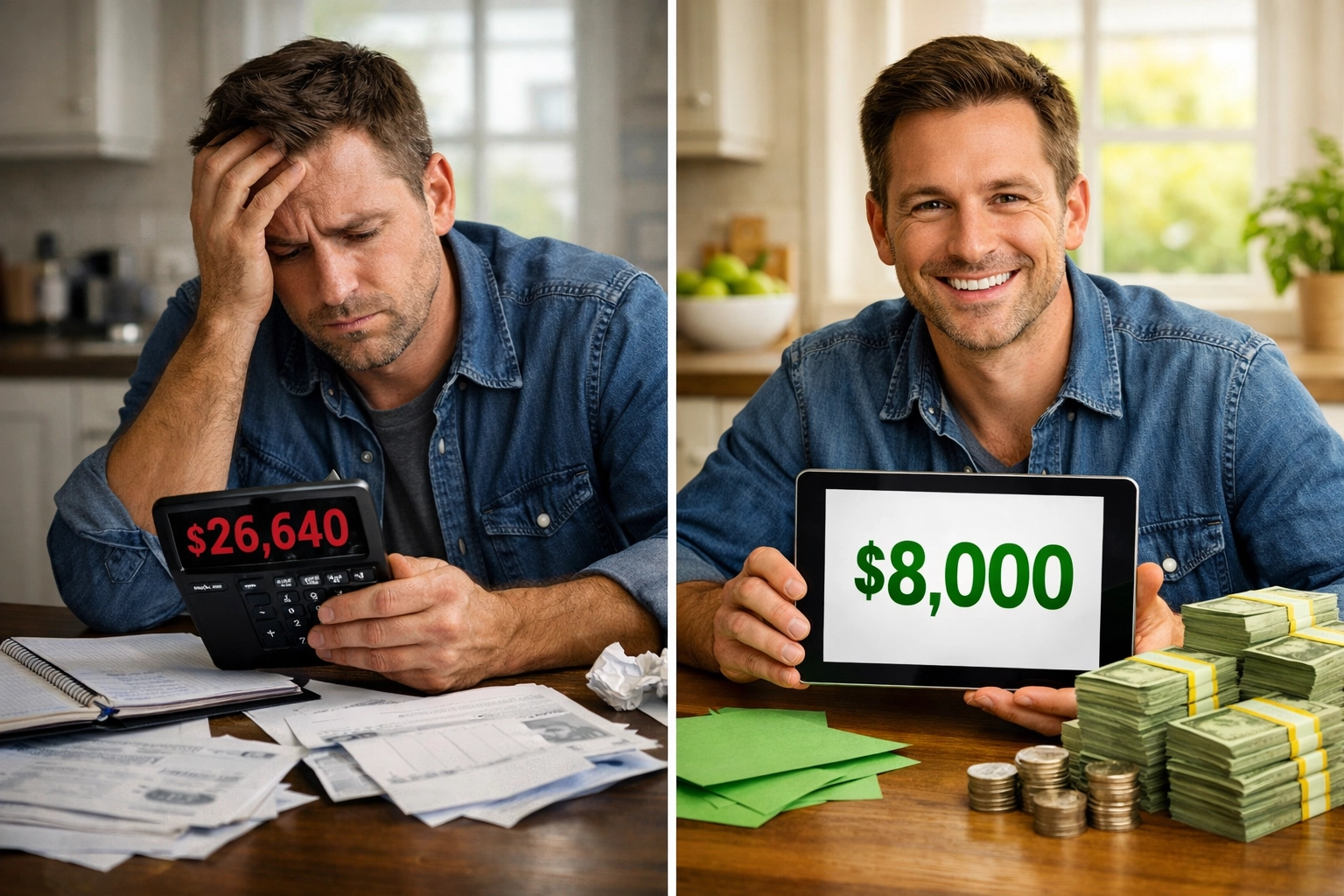 Homeowner comparing $26,640 traditional commission vs $8,000 flat fee savings with Rewarding Heroes Homeowner comparing $26,640 traditional commission vs $8,000 flat fee savings with Rewarding Heroes