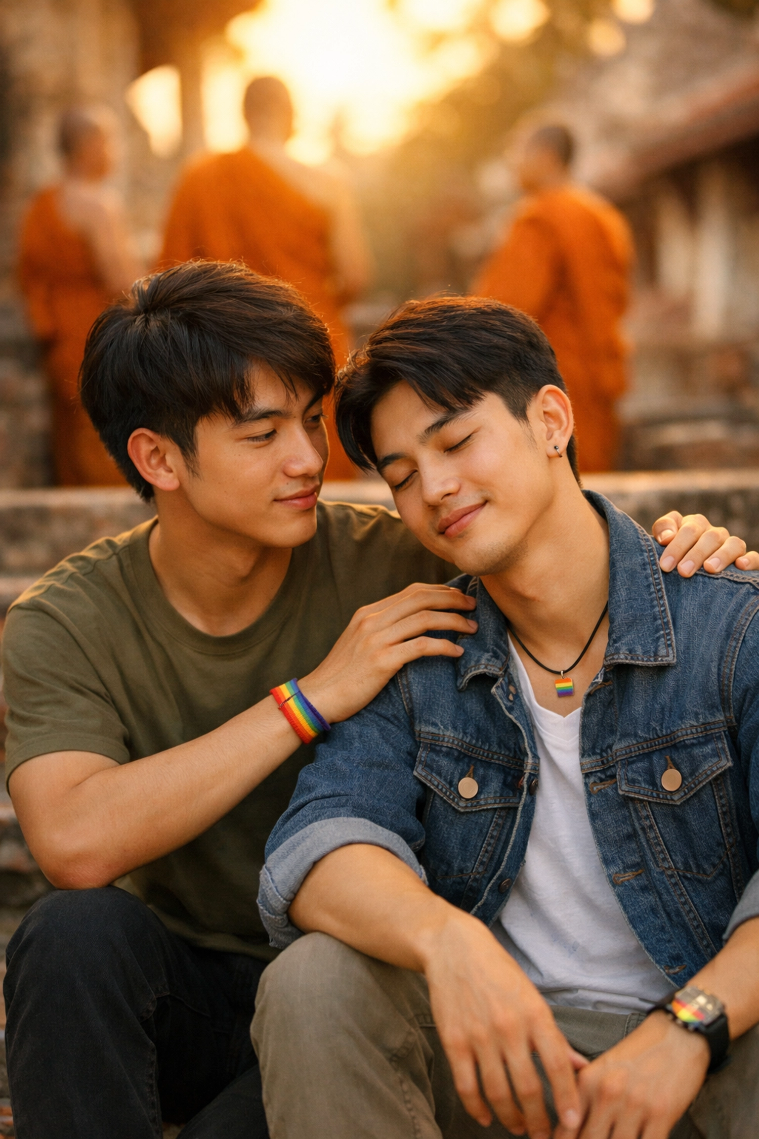 Two Thai men at Buddhist temple representing modern marriage equality and spiritual acceptance
