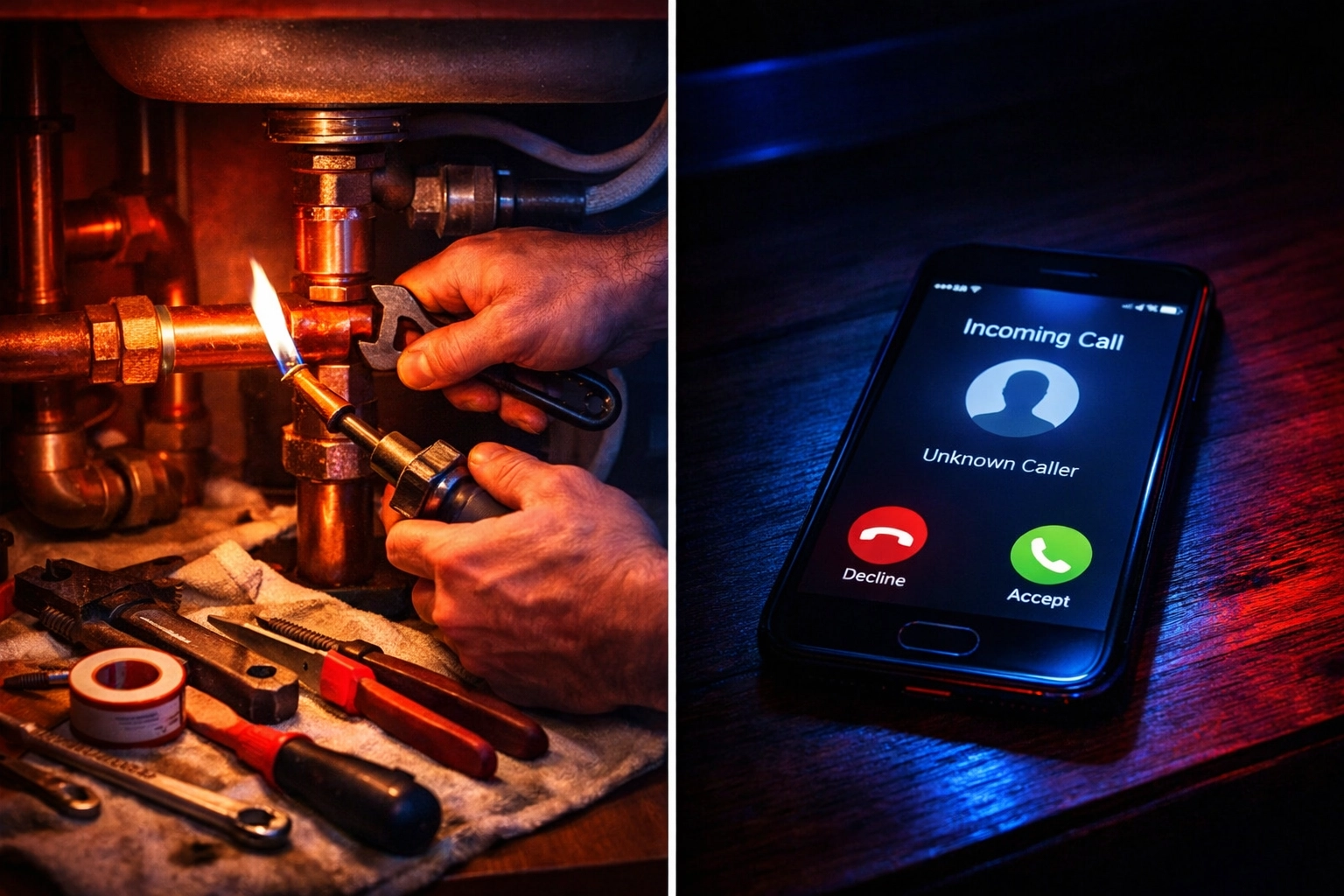 Plumber working on pipes while phone call goes unanswered on the job site