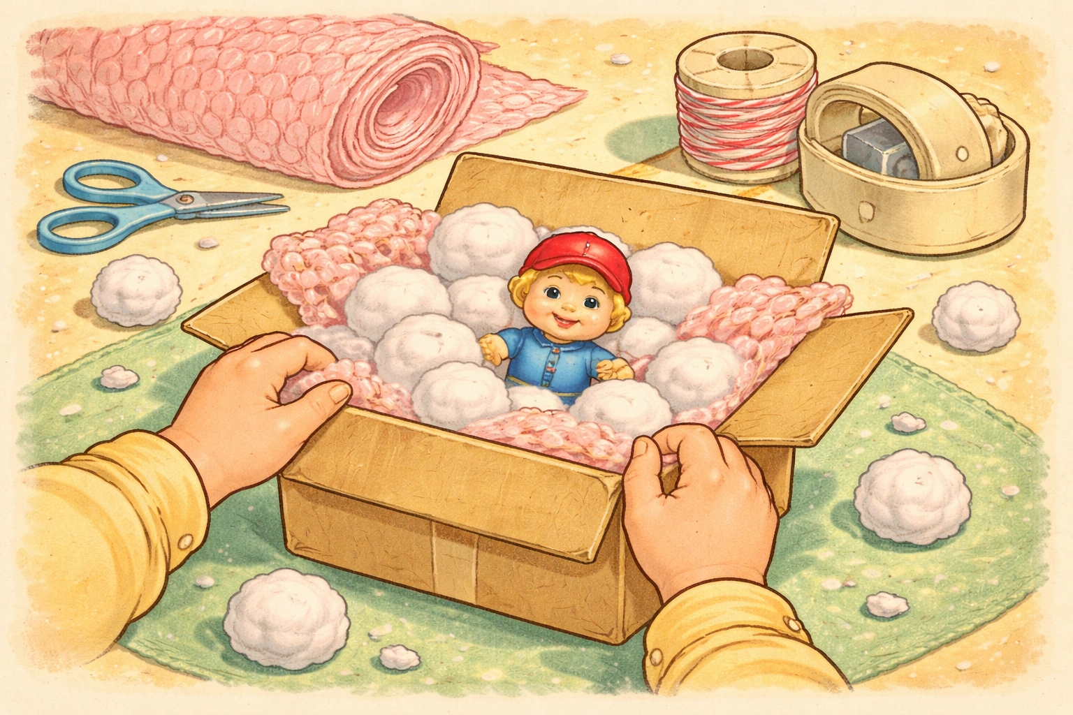 Child hands filling a cardboard box with cotton balls and bubble wrap to protect a toy for egg-drop testing