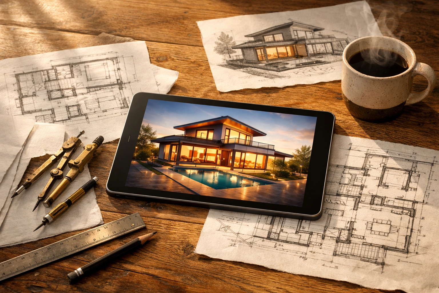 Architectural floor plans and custom home design sketches on a studio table in Ontario.