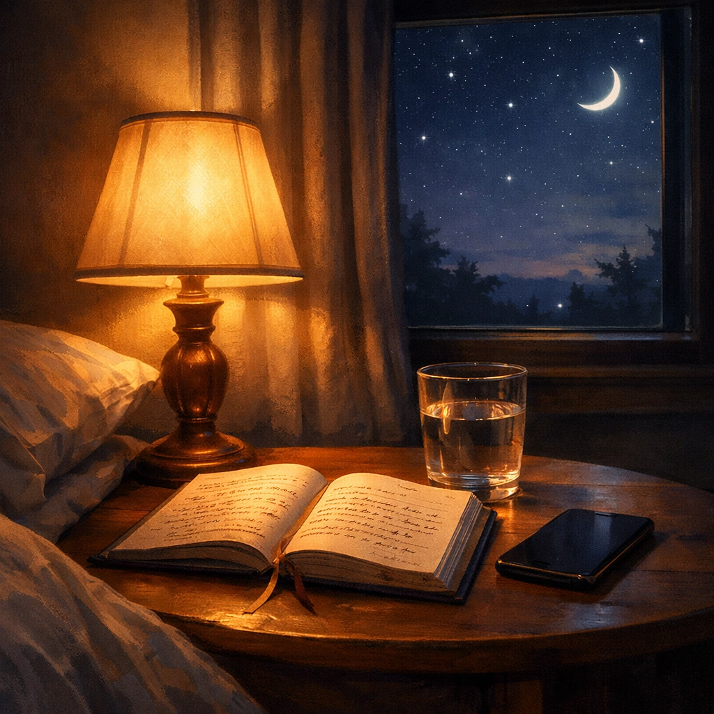 Peaceful bedside table at night with phone face-down and journal for restful sleep
