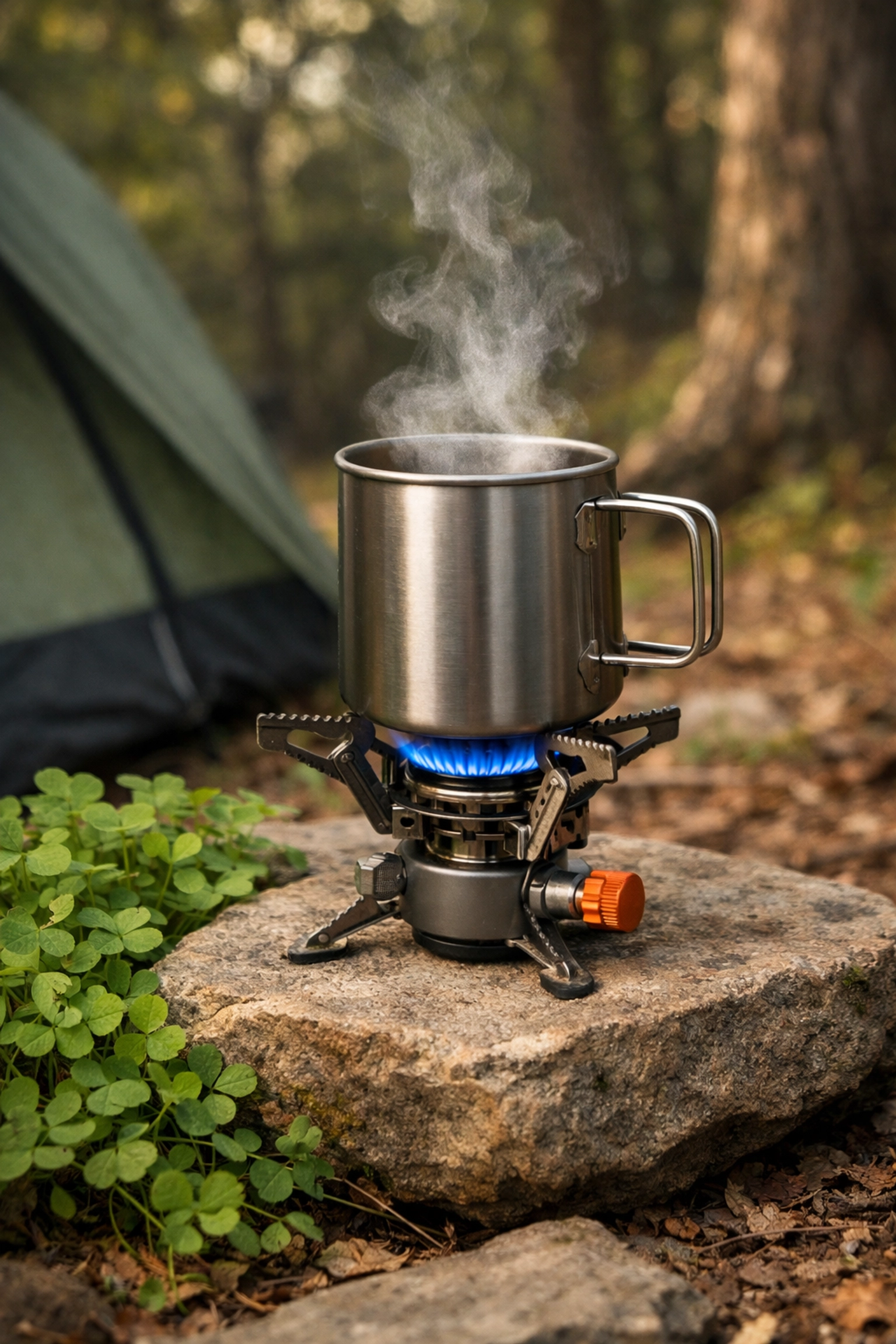 Portable camping stove and warm drink near a tent for a safe wild camping guided UK trip.