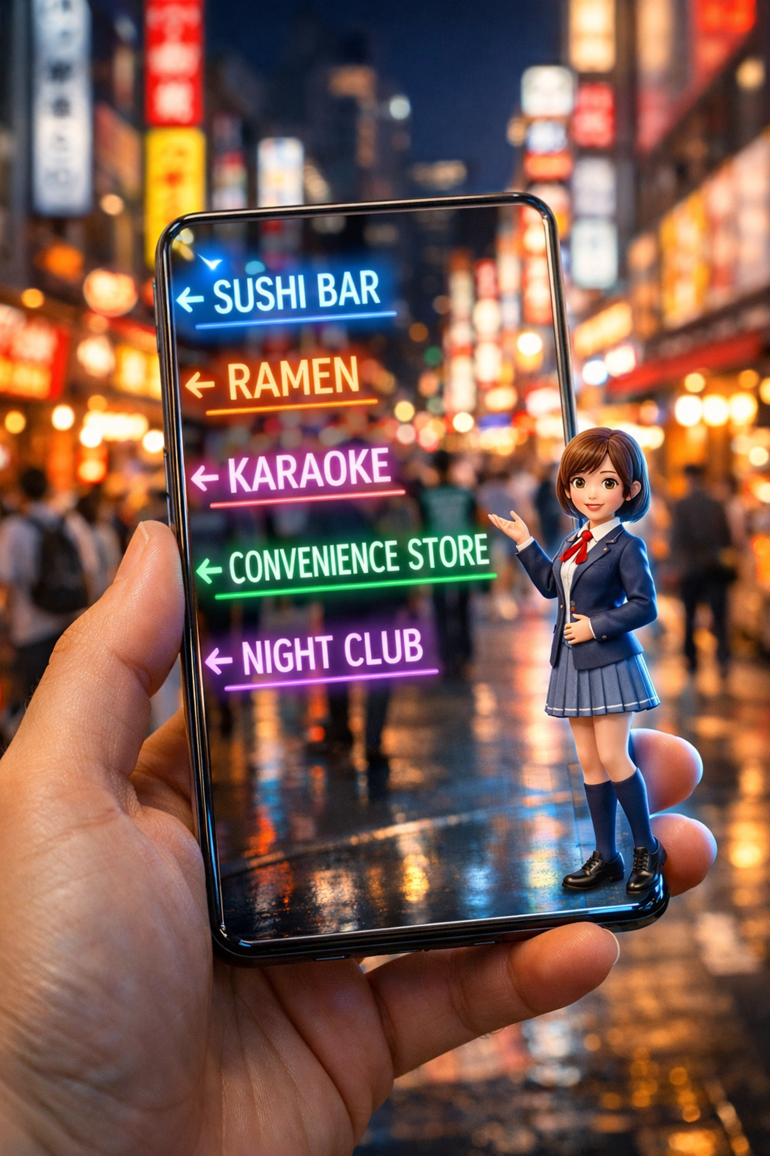 Using a real-time translation app on a smartphone to learn Japanese Kanji in a city street.