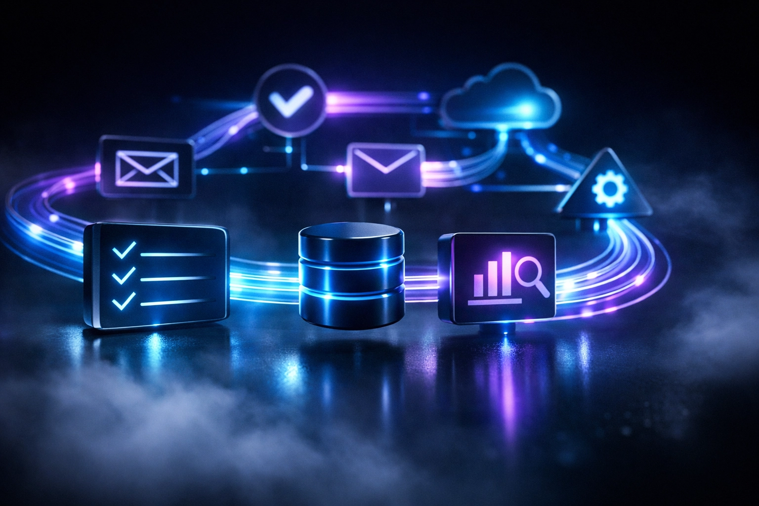 Interconnected workflow automation nodes showing business process connections and data flow