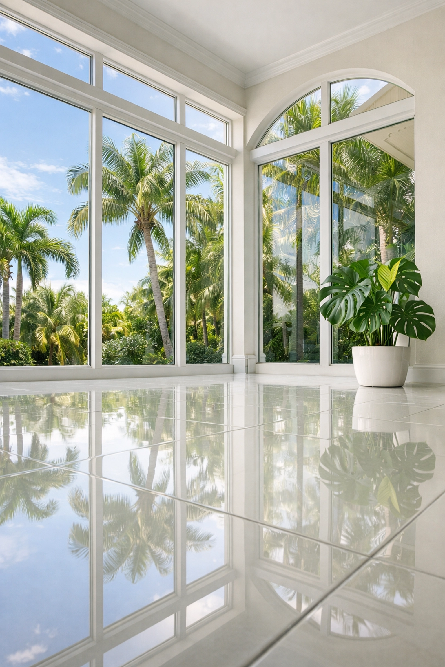 Pristine white tile floors in a sunny St. Pete home cleaned by a professional service.