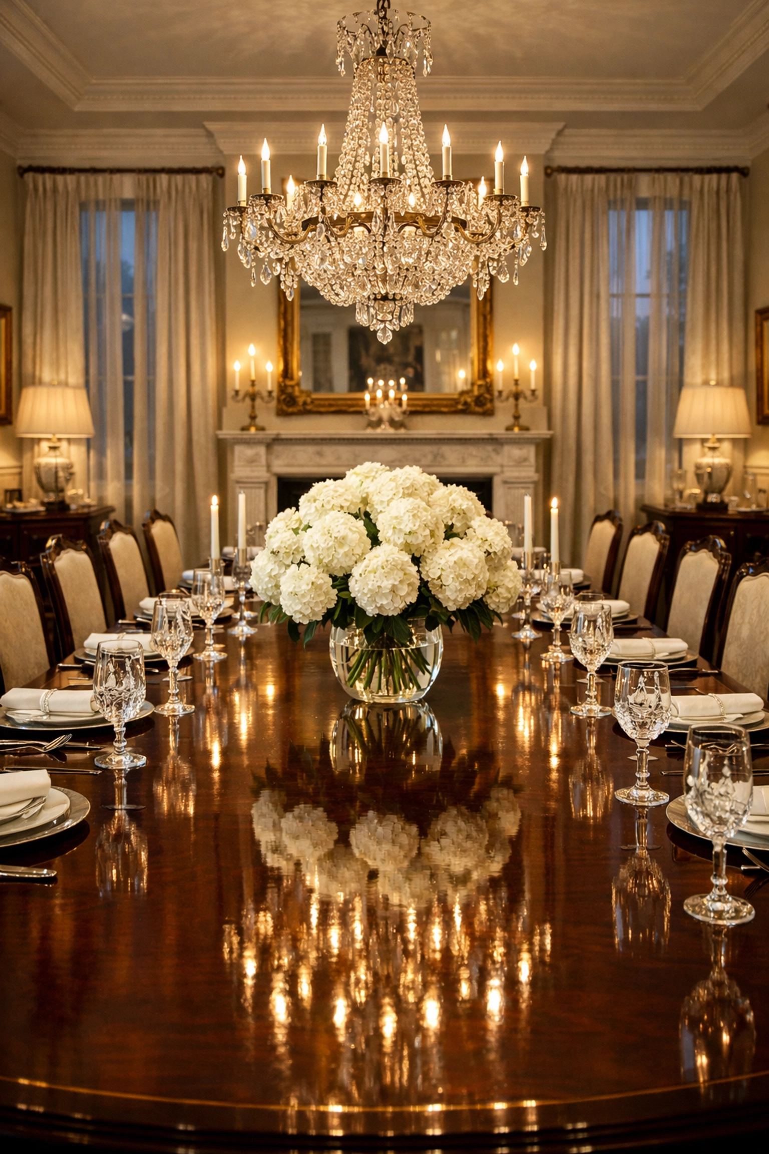 Elegant, guest-ready formal dining room with a polished mahogany table and crystal chandelier.