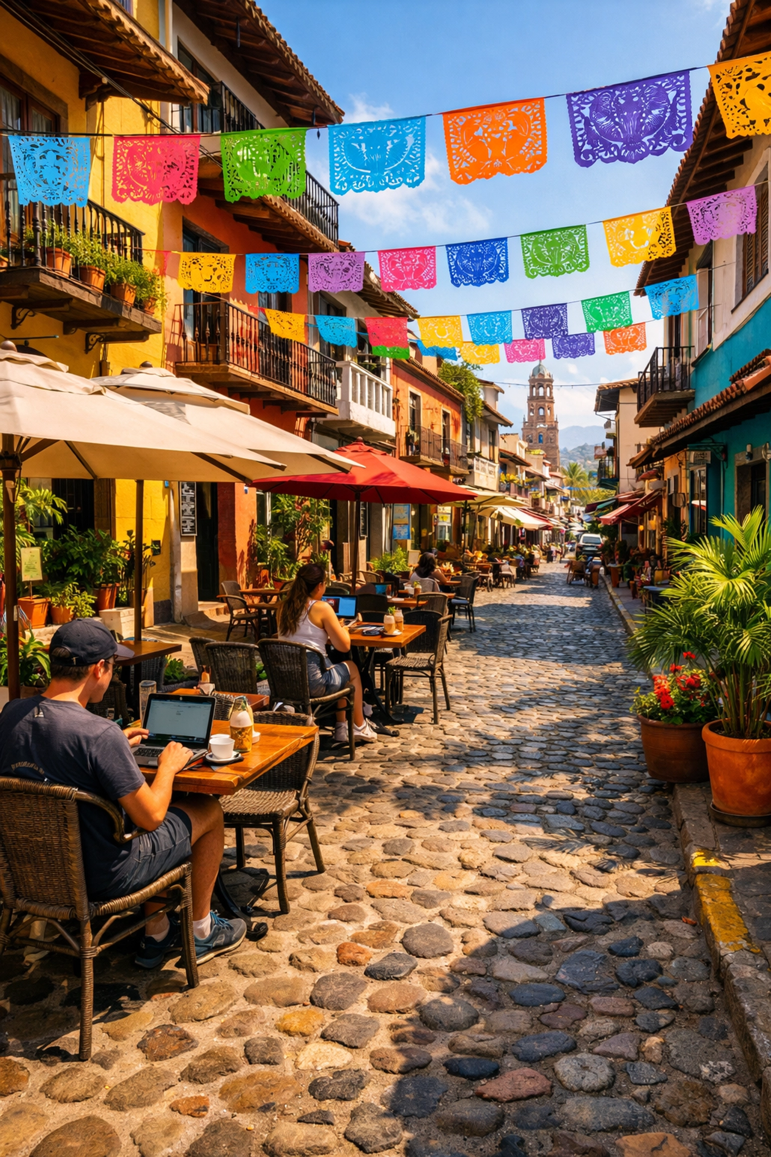 Colorful cobblestone street cafés in Old Town Puerto Vallarta Zona Romántica