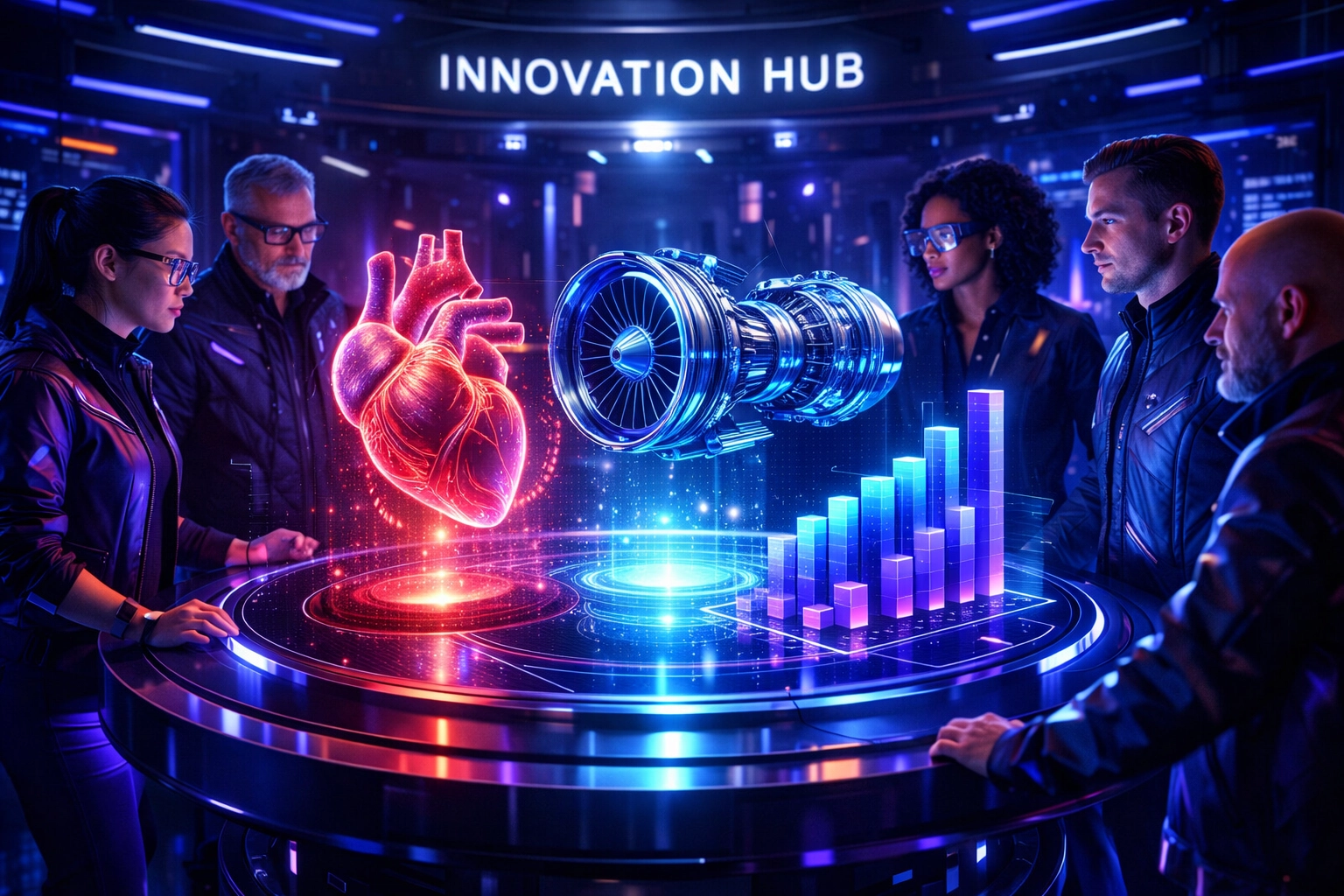 Professionals using holographic simulations for healthcare, engineering, and data-driven learning.