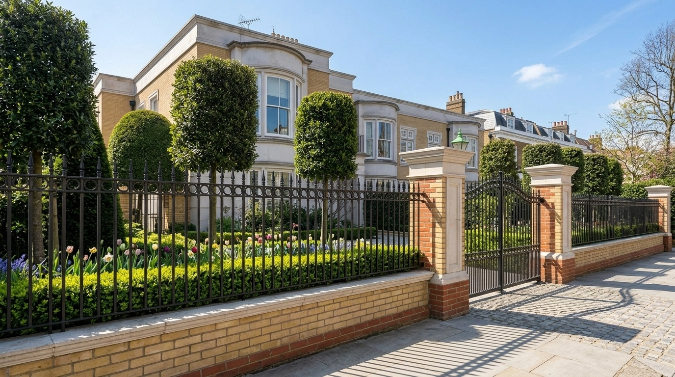 Luxury estate perimeter fencing in bright April light