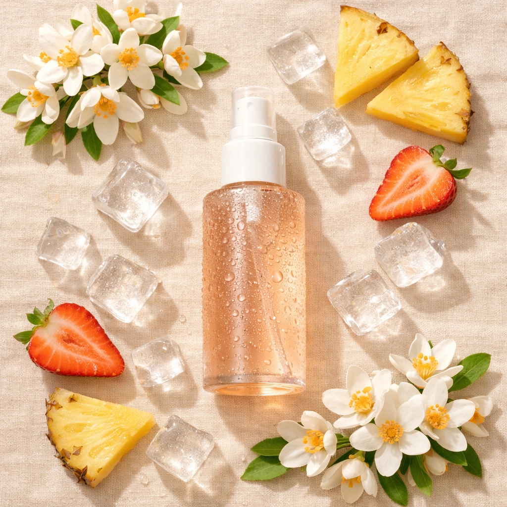 Chilled face mist bottle with cooling botanical ingredients and fresh fruit extracts
