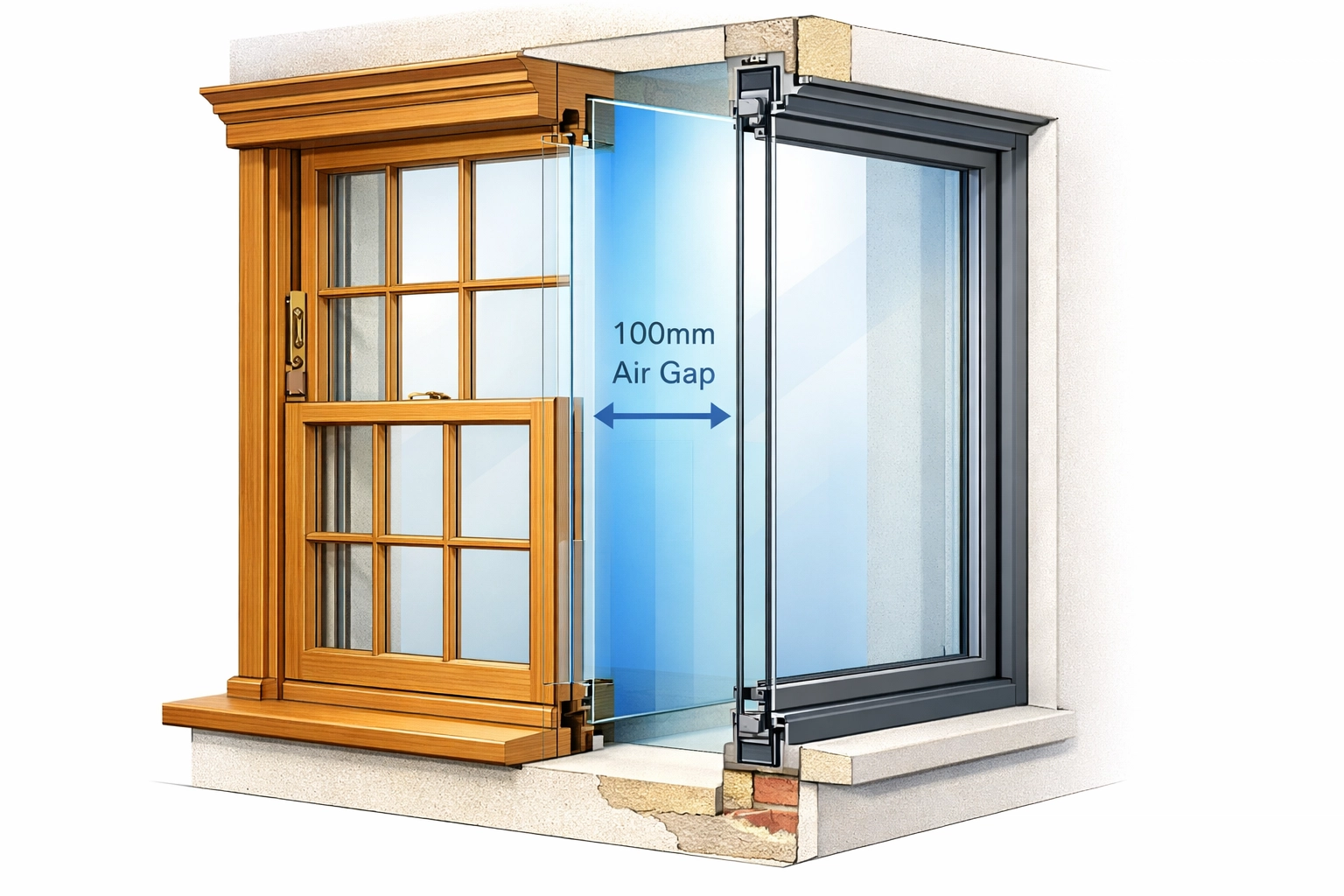 Secondary glazing cross-section diagram showing 100mm air gap behind original sash window