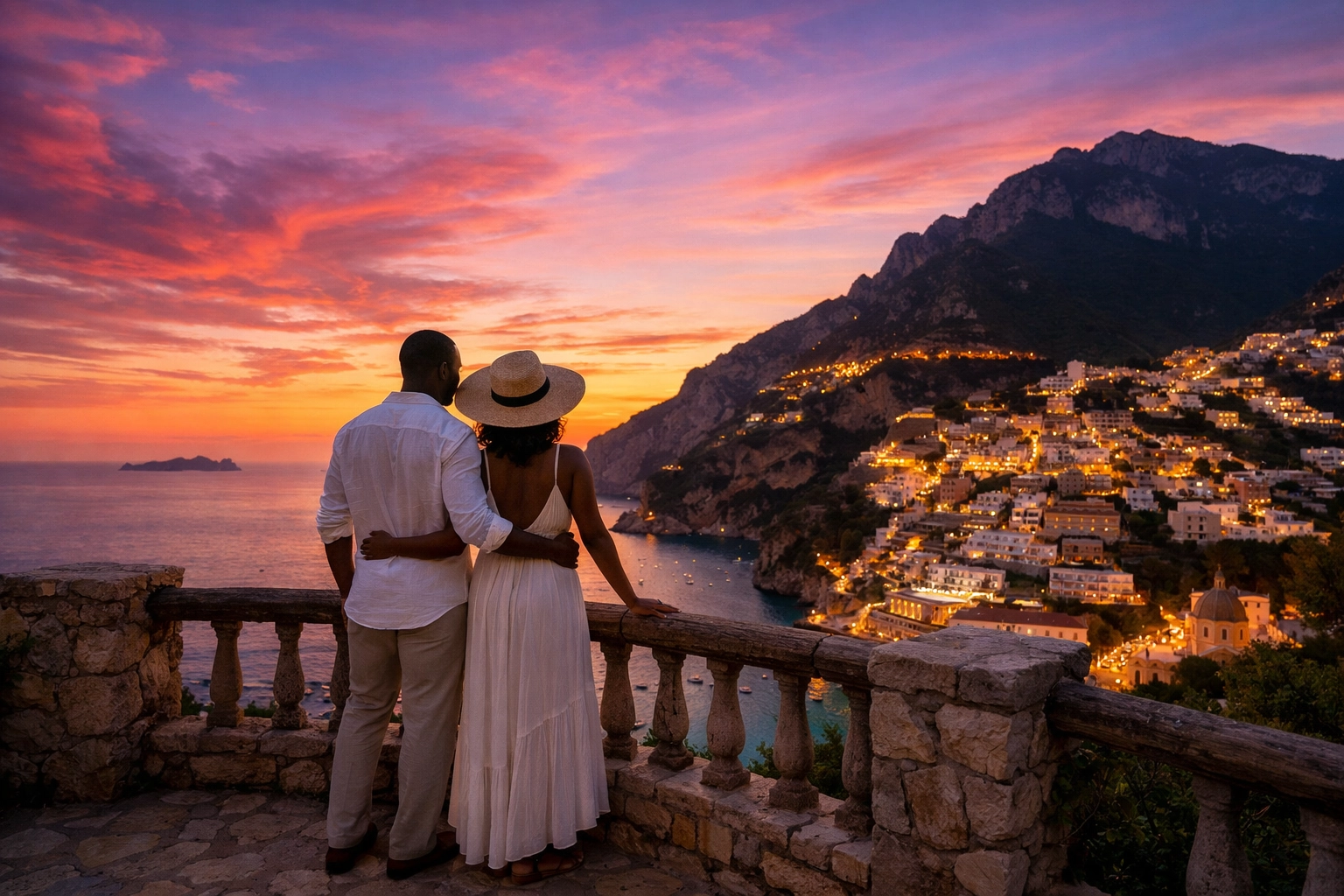 A couple enjoying a Mediterranean sunset view curated by a personal travel planner for iBookiGo.