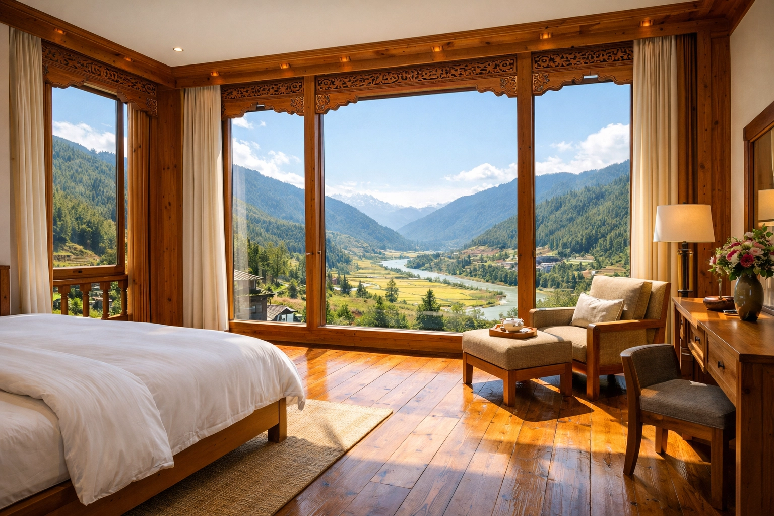 Luxury boutique hotel room in Bhutan with large windows overlooking a green Himalayan valley.