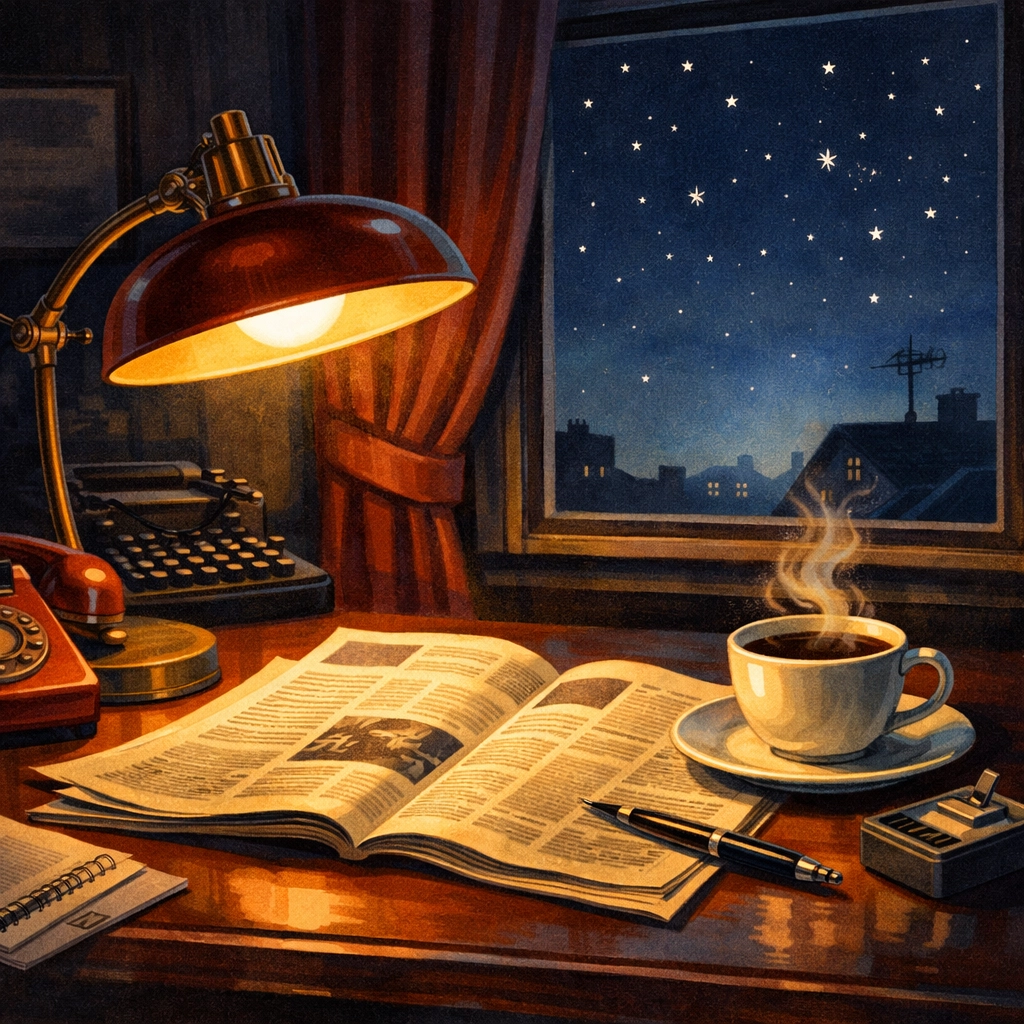 Peaceful evening news reading with coffee and newspaper by lamplight