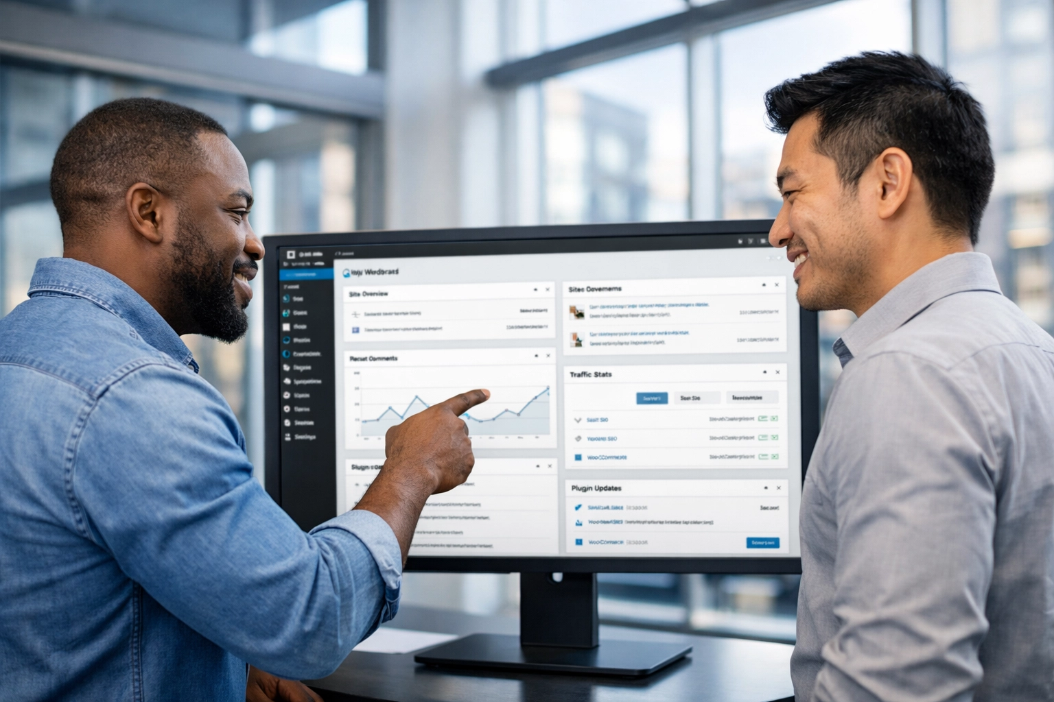 Expert IT consultants reviewing a WordPress dashboard for managed site maintenance and strategic support.
