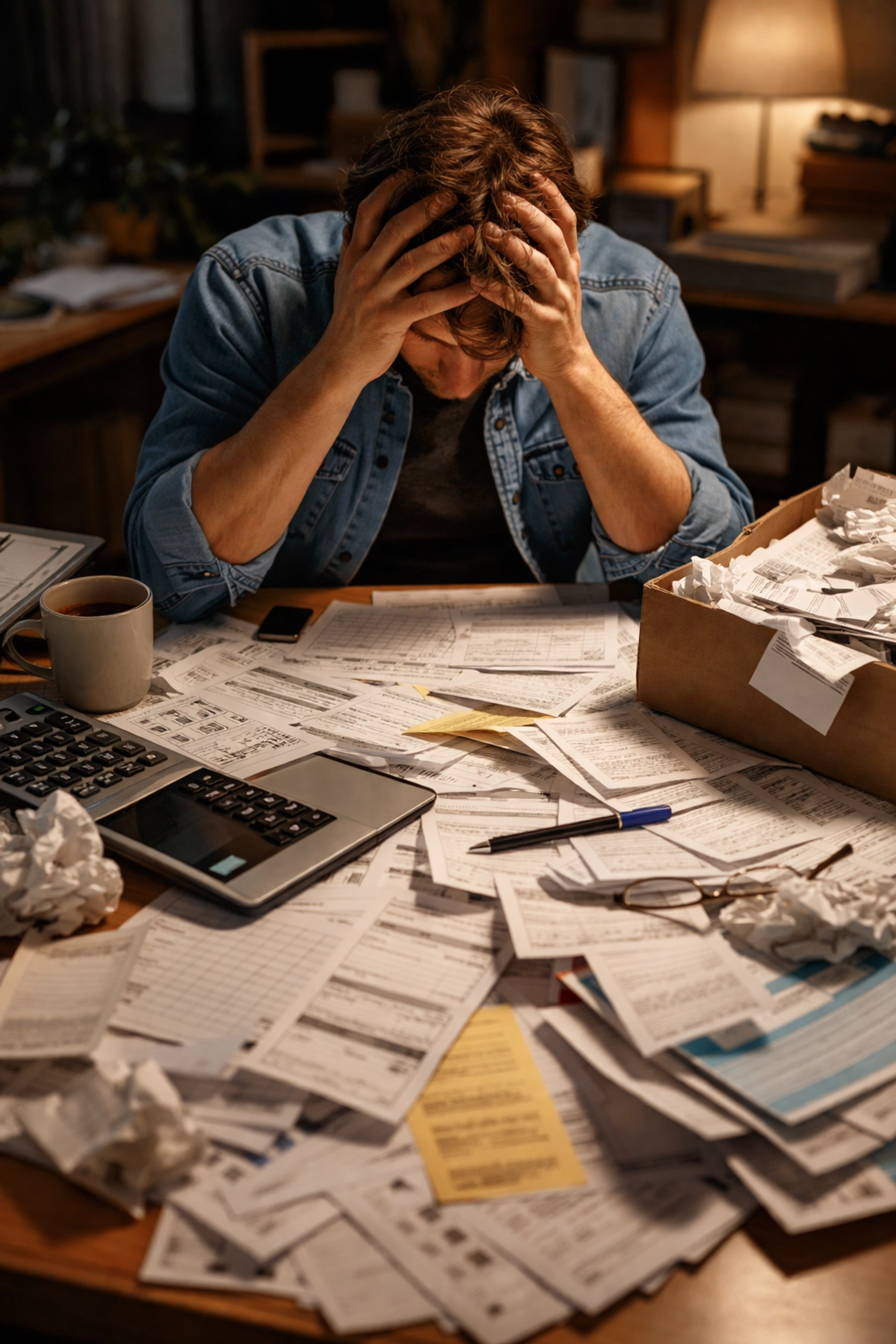 Overwhelmed small business owner surrounded by messy receipts, illustrating last-minute tax prep stress.