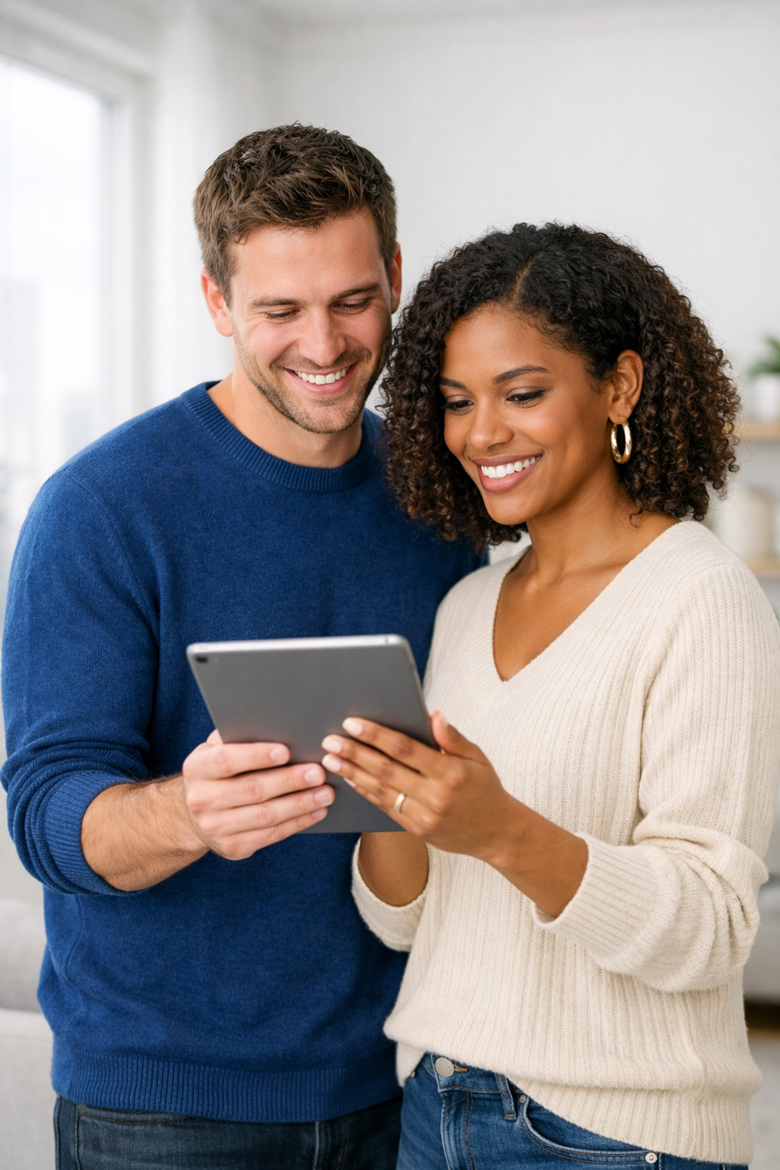 A diverse couple successfully applying for loans for bad credit Canada using a tablet.