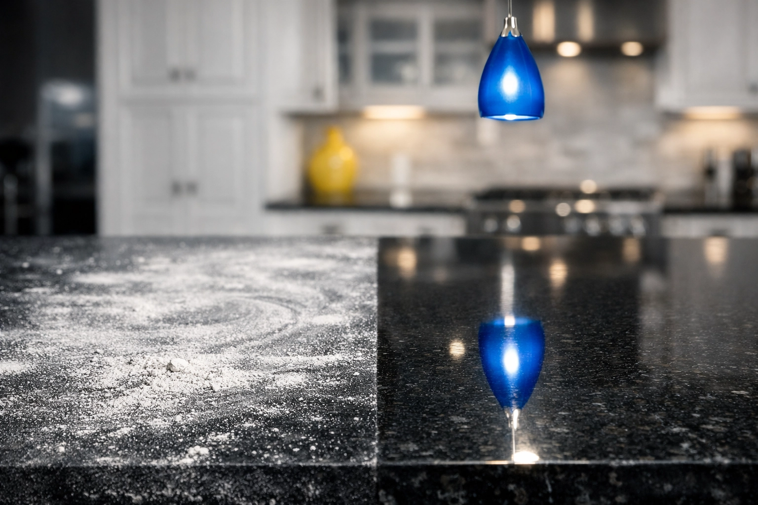Before and after post-construction cleaning on a luxury Westborough kitchen countertop.