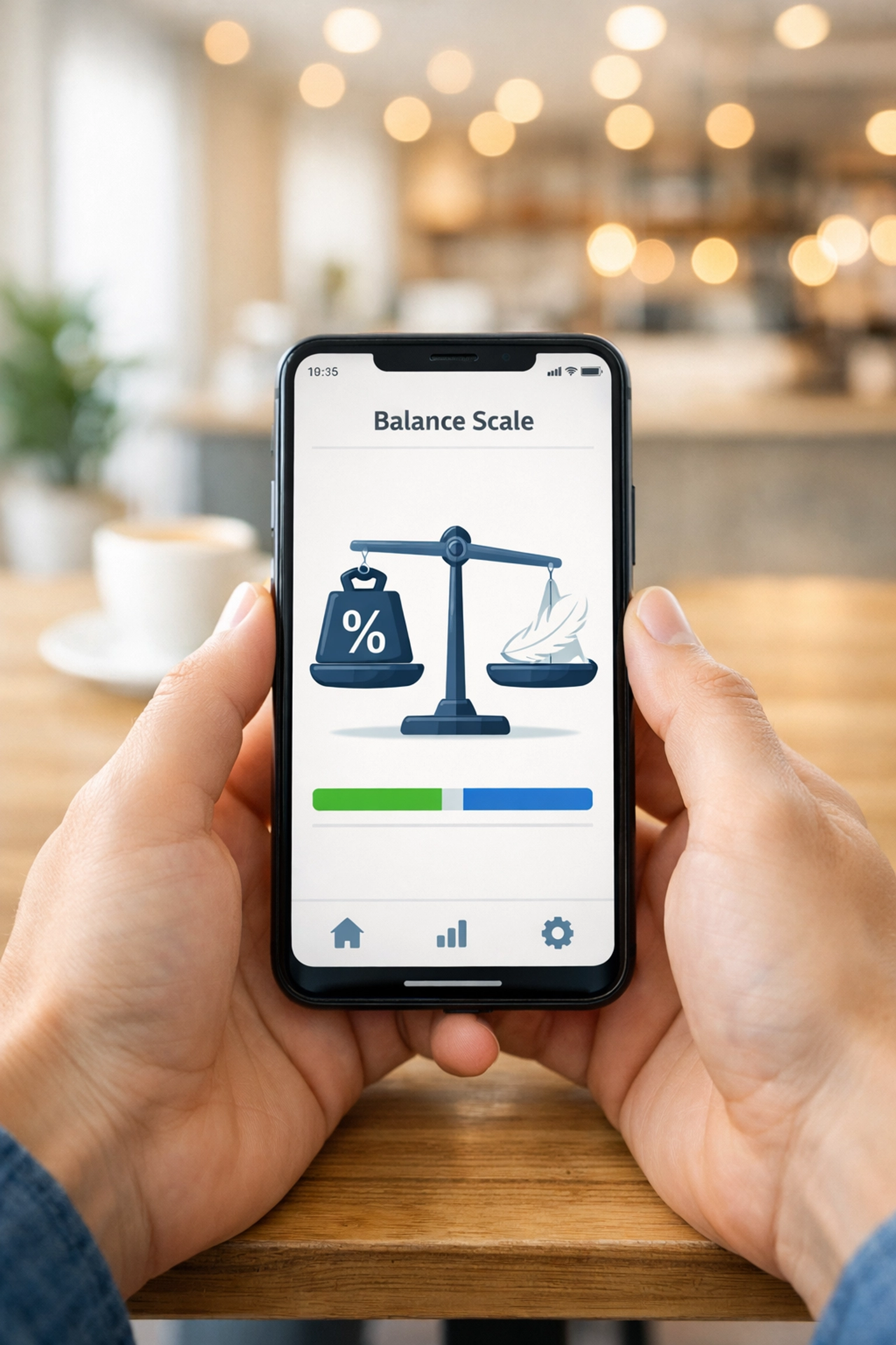 A mobile app showing a balance scale to help compare loan rates and make smart borrowing choices.