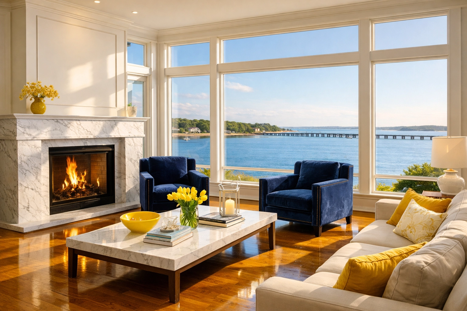 Immaculate Duxbury living room with coastal views and polished floors maintained by luxury house cleaning in Duxbury.