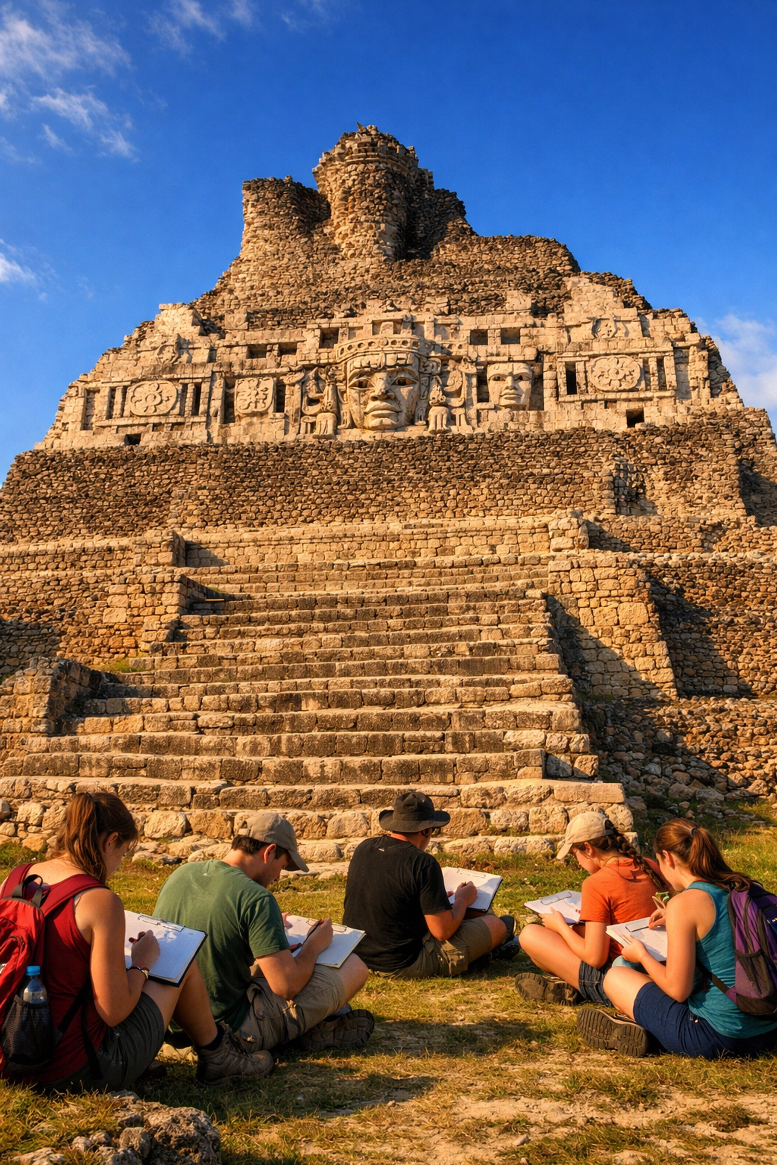 Students examining El Castillo pyramid at Xunantunich during educational trip to Belize