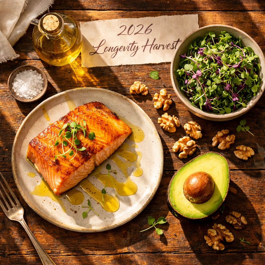 Anti-inflammatory meal with salmon, avocado, and leafy greens for a longevity-focused diet.