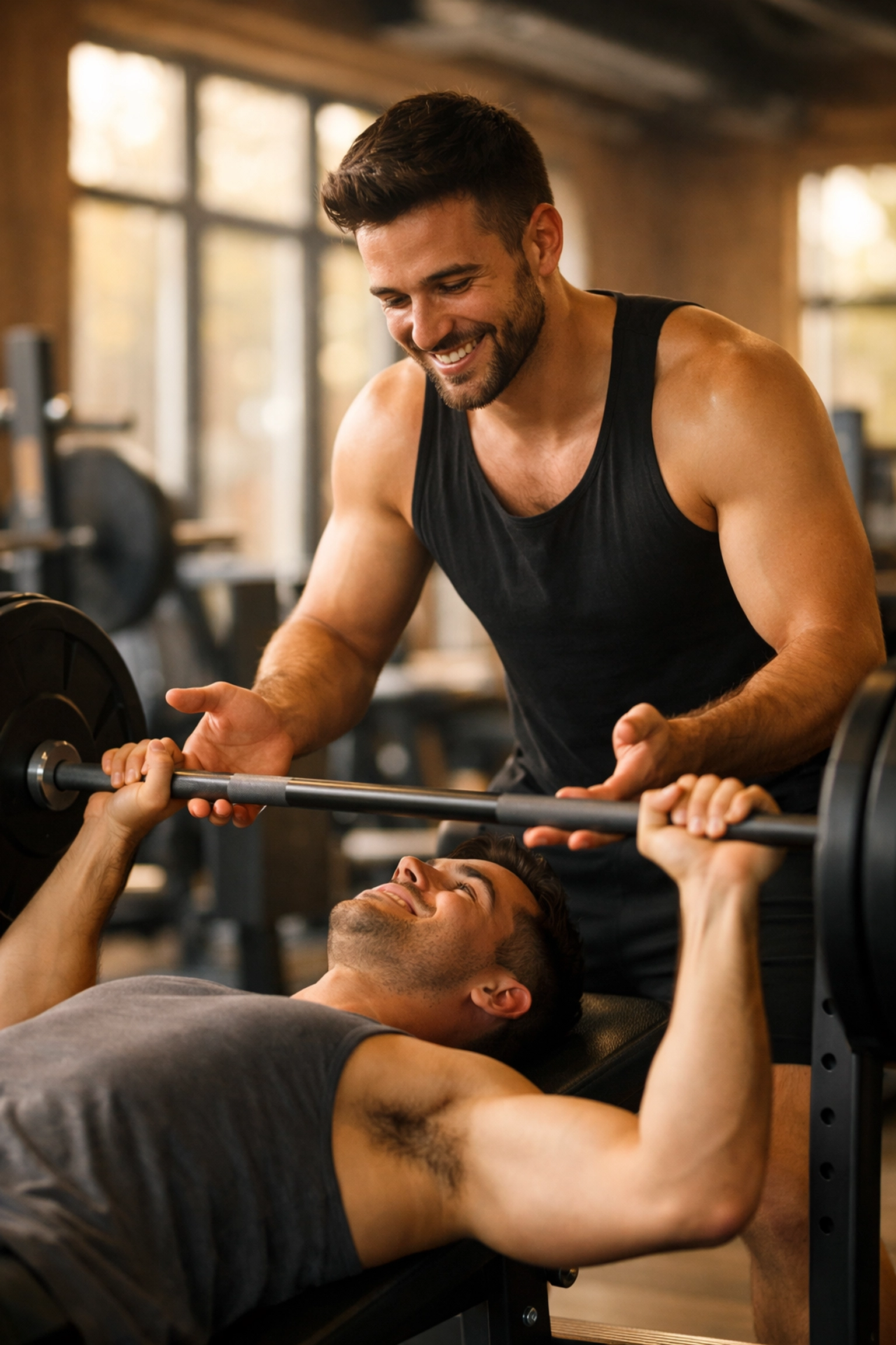 Two gay men spotting each other during bench press workout in welcoming LGBTQ+ gym space