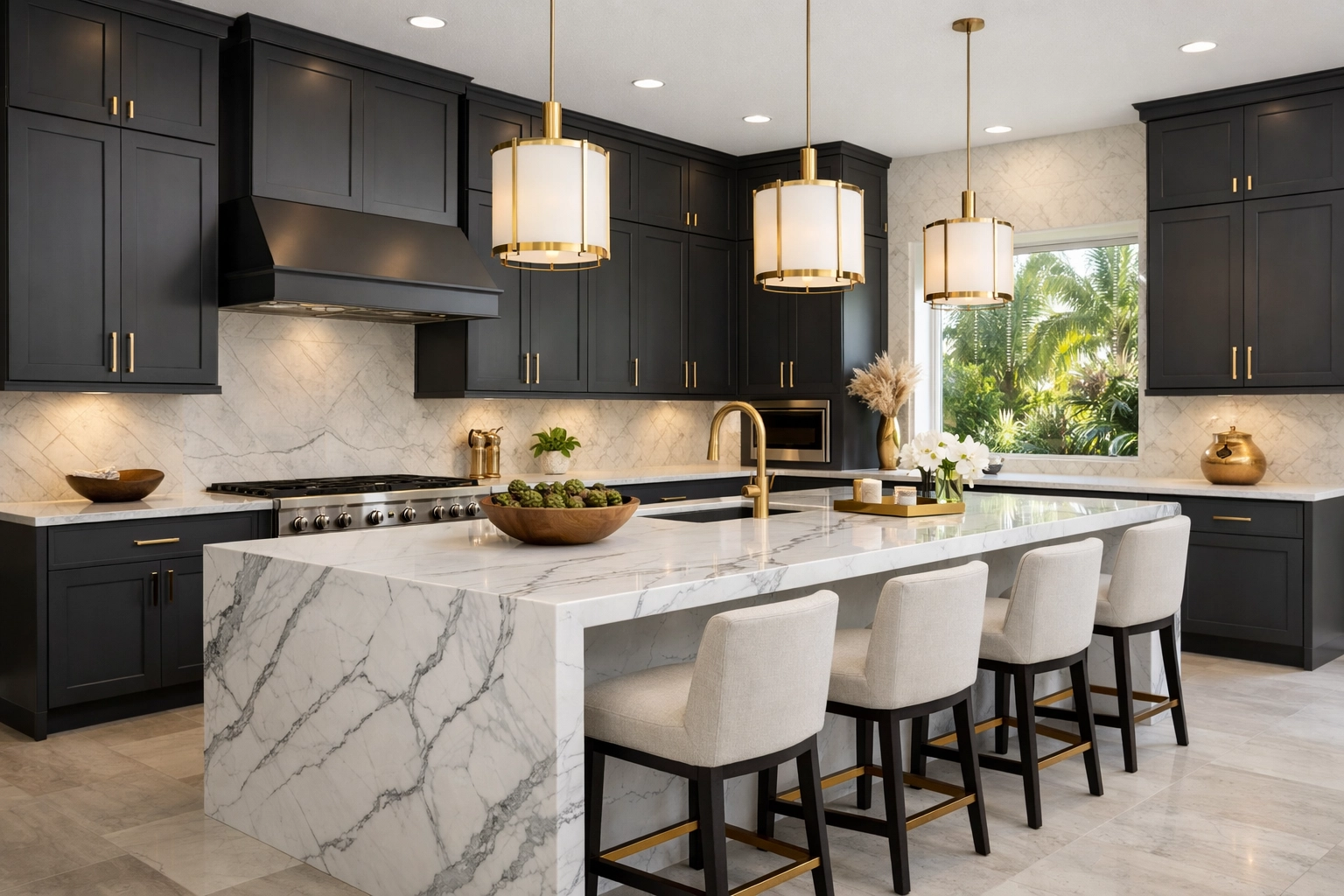 Modern Orlando kitchen remodel featuring a marble waterfall island, gold fixtures, and custom cabinets.