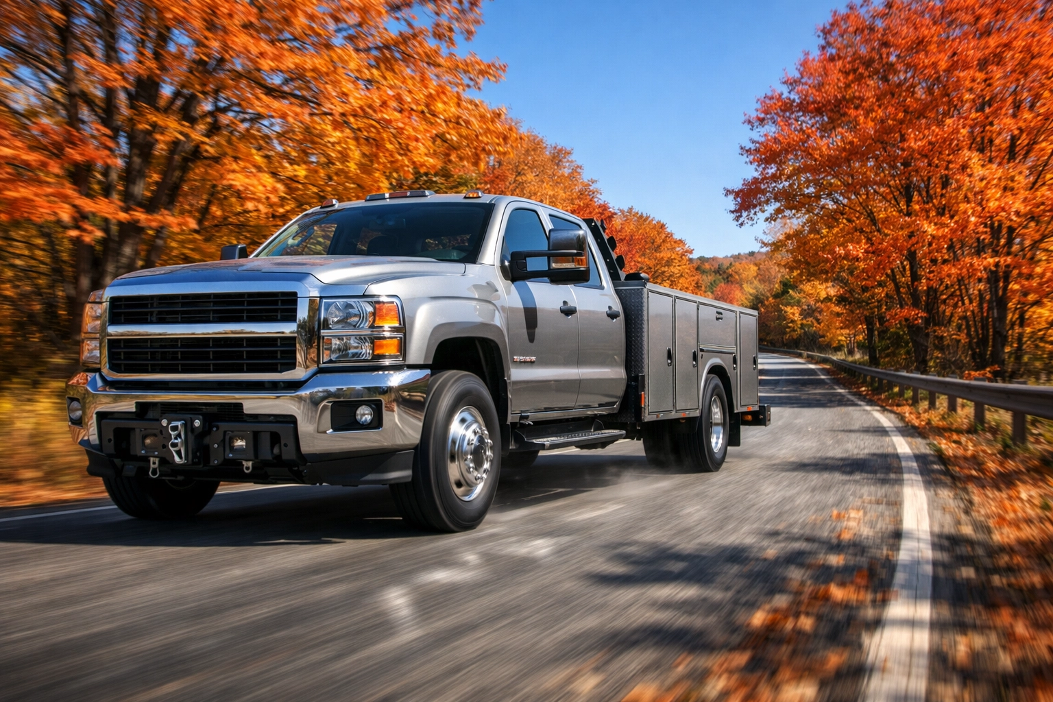 Heavy-duty silver utility truck driving on a rural Connecticut road with commercial auto insurance coverage.