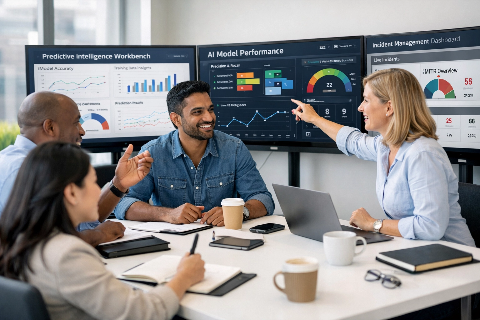 ServiceNow implementation consultants reviewing AI performance dashboards and incident metrics
