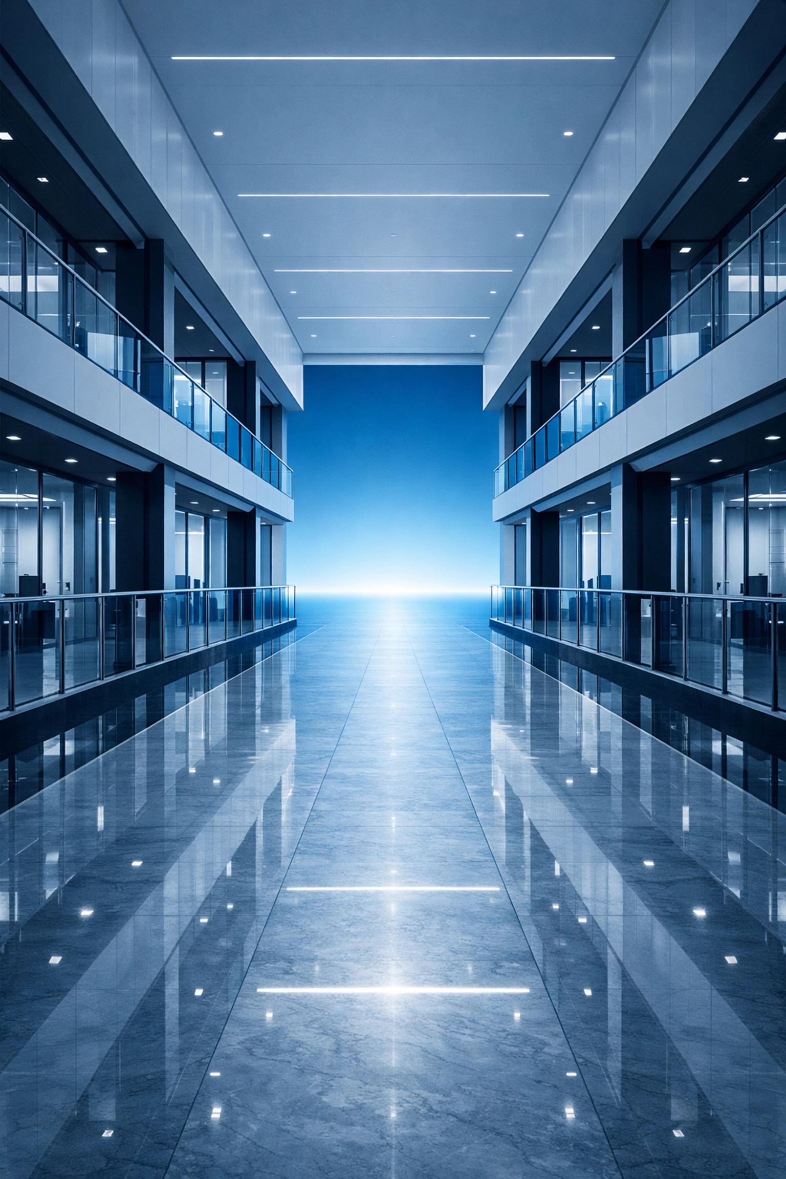 A clean blue corporate hallway representing a clear path to meeting tax deadlines and strategic business growth.