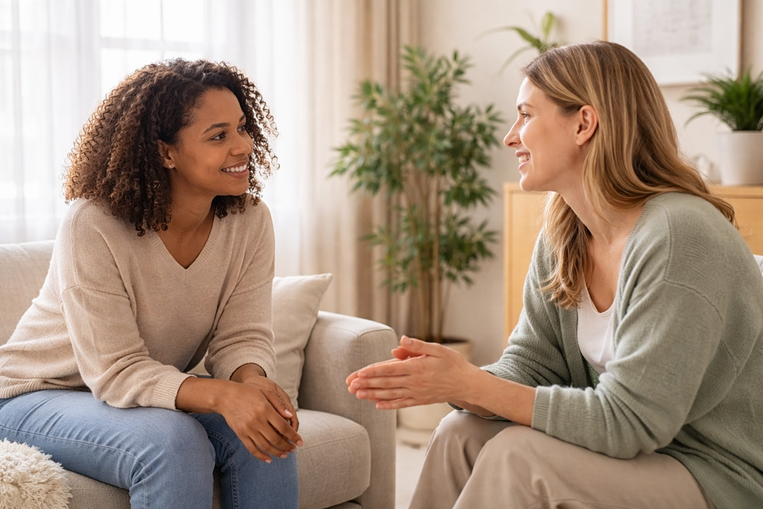 Two people having a supportive conversation in a bright therapy space, illustrating seeking help for depression in York and Durham region.