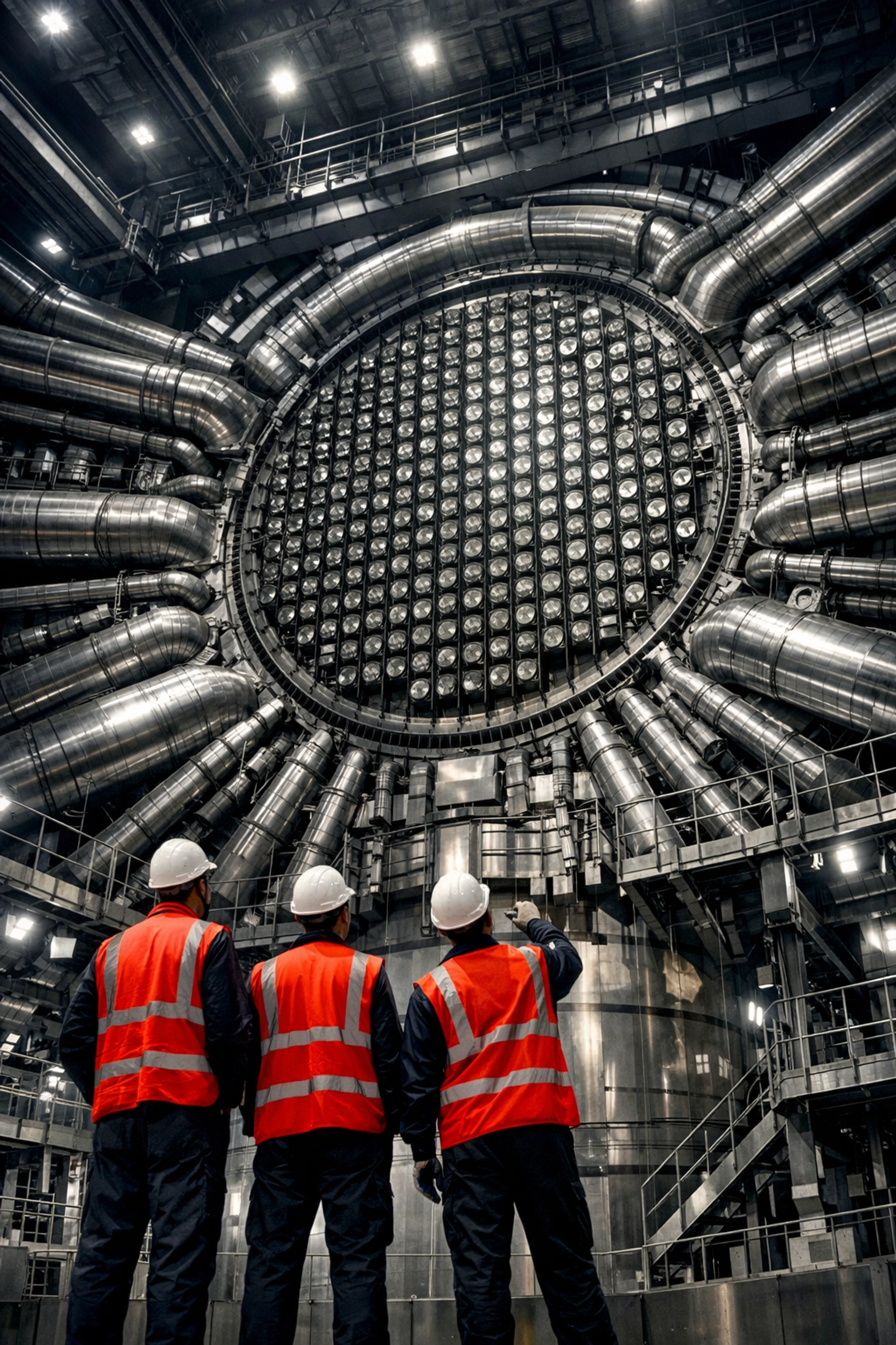 Technicians inspecting a massive nuclear reactor face during an AtkinsRéalis refurbishment project.