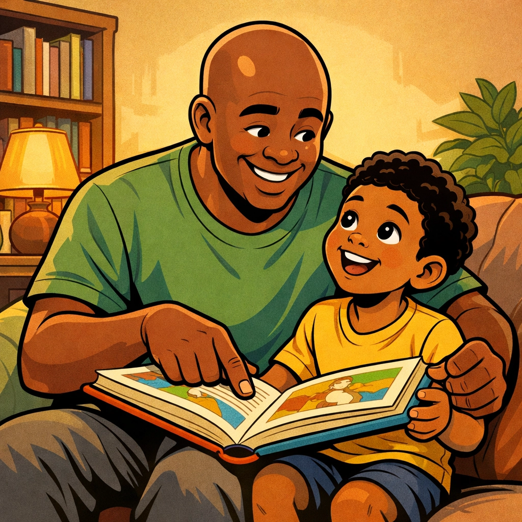 Black father reading a storybook with his son on the couch, Dads Treasure Chest literacy program