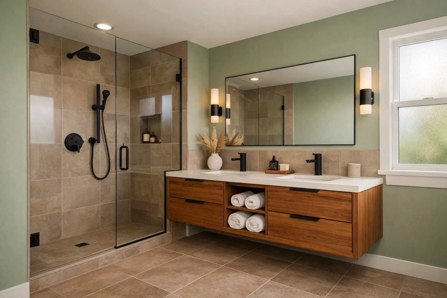 Bathroom renovation Orlando featuring warm earthy tones with sage green and taupe