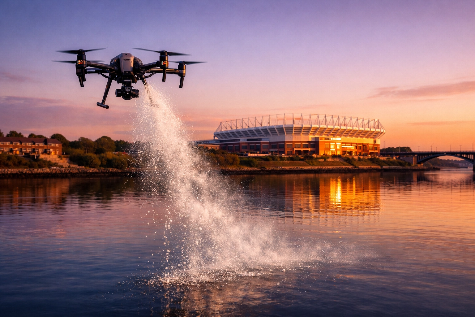 Dignified drone ash scattering over the River Wear overlooking Sunderland's Stadium of Light.