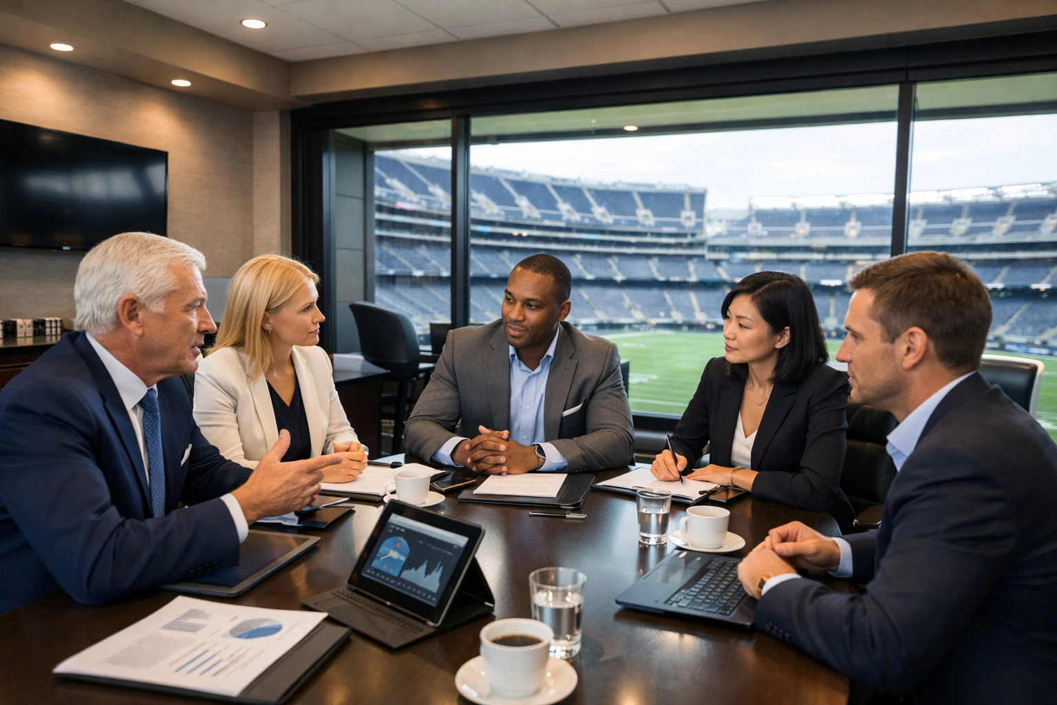 Business executives in strategic meeting within Super Bowl hospitality suite tracking ROI