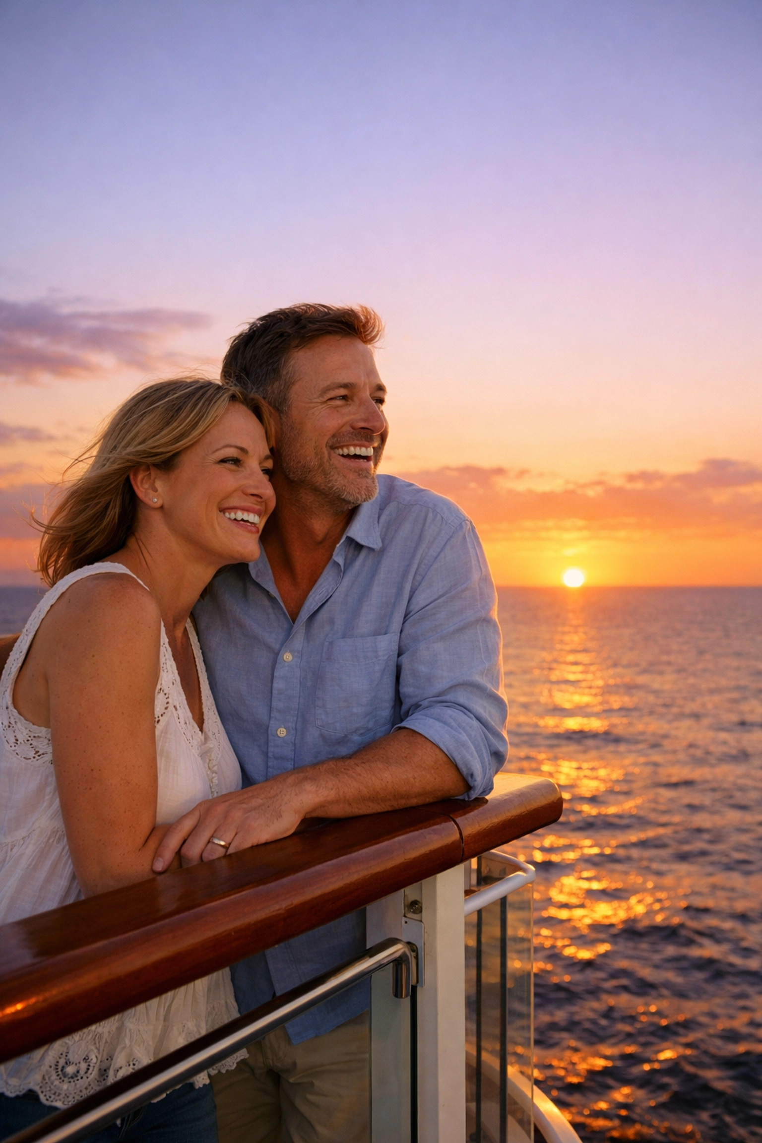 A relaxed couple enjoying a sunset view on their first time cruise vacation at sea.