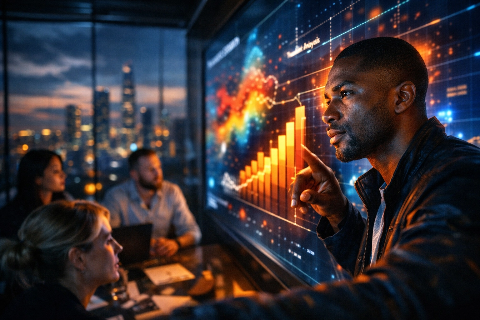 Professional marketing team analyzing sports branding data on an interactive digital display for research.