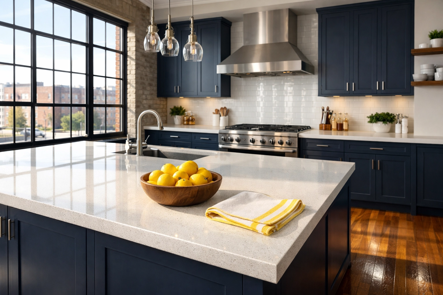 Spotless modern kitchen in a luxury Lowell MA loft after professional house cleaning.