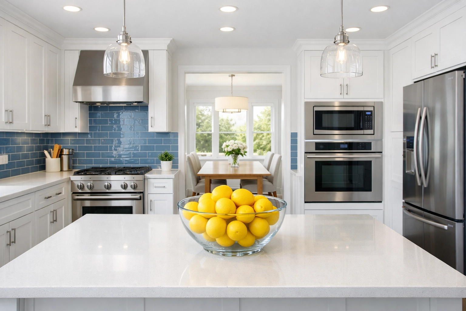 A bright, modern kitchen with sparkling white countertops maintained by professional cleaners Milton.
