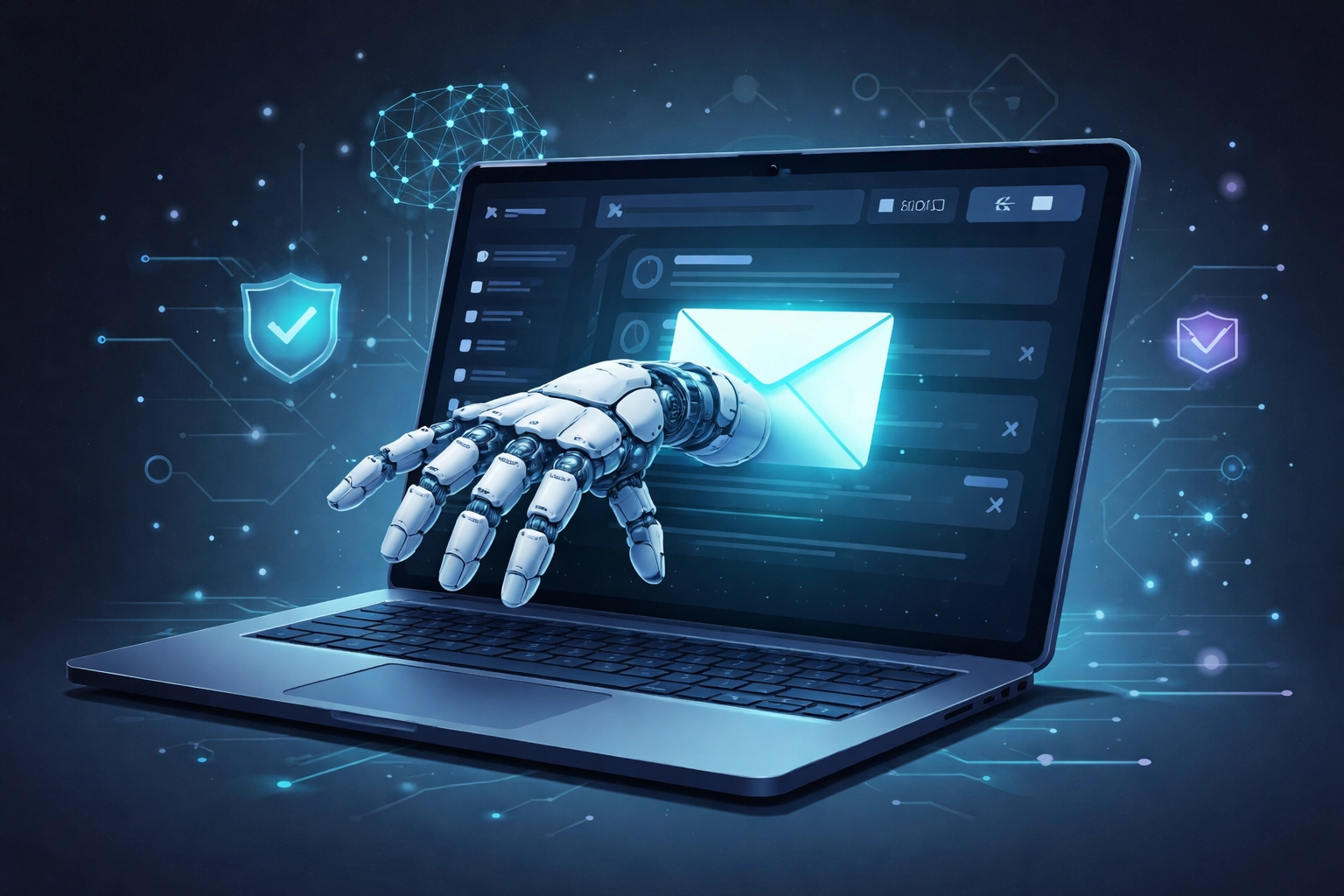 Illustration showing AI-generated phishing email coming from a laptop to highlight digital threats for Gaylord businesses