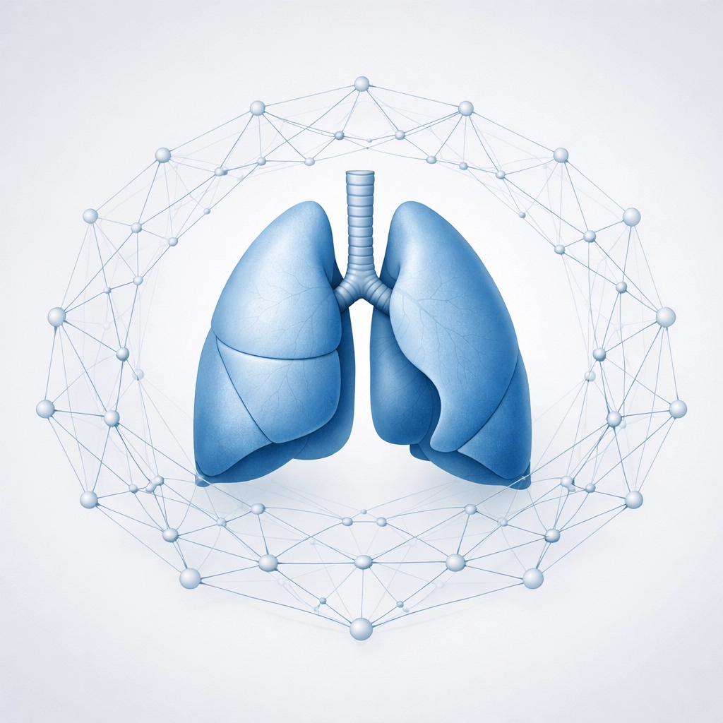 Medical illustration of lungs in a network, symbolizing integrated pathways and life sciences engagement UK.