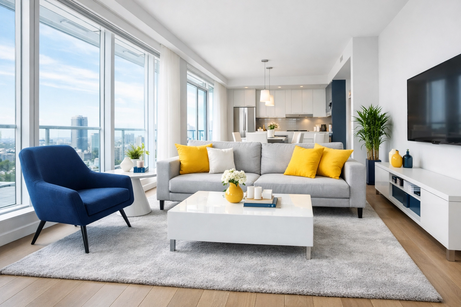 Professionally cleaned open-concept condo living room in Lancaster, highlighting a minimalist and inviting space.